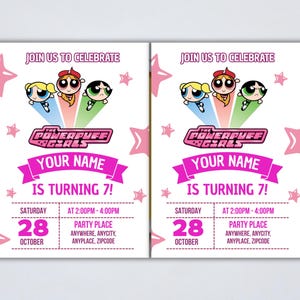 Convite de Aniversário das Meninas Superpoderosas | Modelo Editável do Canva | Convite Digital para Festa Infantil