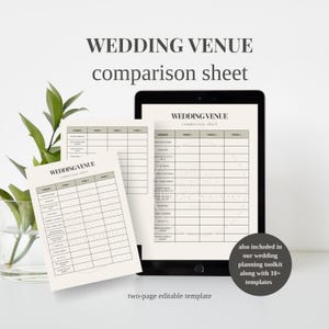 結婚式場比較シート | 花嫁、プランナー、ブライズメイドのための編集可能なCanvaテンプレート