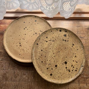 May include: Two round, speckled ceramic plates in a warm tan color. The plates have a slightly raised edge and are stacked on a wooden surface. The plates have dark brown speckles. The background includes a white lace curtain.