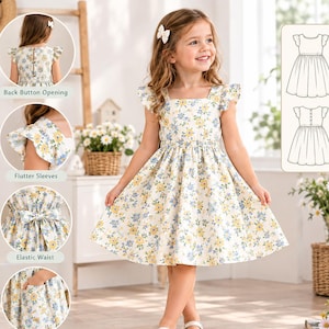 May include: A cream-colored dress featuring a blue and yellow floral pattern, flutter sleeves, a square neckline, an elastic waist with a bow detail, and optional pockets. The back includes a button opening, shown with technical line drawings.