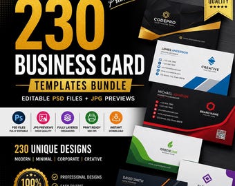 Paquete de plantillas para tarjetas de visita, más de 230 diseños editables, PSD PNG, Canva Business Card, plantilla para imprimir tarjetas