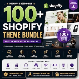 May include: A digital bundle of 100+ Shopify themes featuring text that reads 100+ Shopify Theme Bundle, Premium & Responsive, Build Professional Stores That Sell, and Instant Download. The graphic displays website previews and icons for niches.