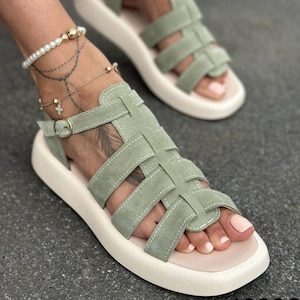Leather Sandals for Women | Handmade Fisherman Suede Summer Comfortable Platform Flats | Everyday Walking Shoes