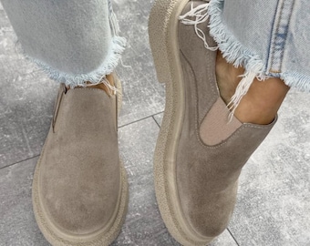 Suède loafers voor dames | Natuurlijke instapschoenen | Met leer gevoerde platte schoenen | Comfortabele handgemaakte schoenen