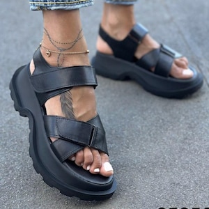 Leather Sandals Women's, Suede Platform Flats, Chunky Gladiator Shoes | Comfortable Summer Adjustable Footwear