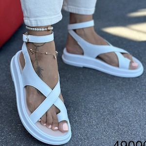 Handmade Summer Sandals | Crossover Straps, Toe Ring Loop Slides | Suede Leather: Ankle Buckle Flats