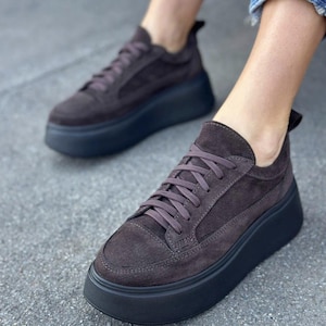 Handmade Leather Suede Platform Sneakers | Lightweight | Casual Women's Footwear | Everyday Lace-Up Comfy Walking Shoes