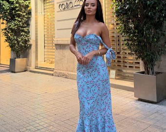 Chic Floral Dress with Adjustable Straps – Feminine Bodycon Elegant Soft Prom | Wedding | Bridesmaid | Honeymoon