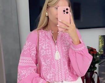 Pink Ukrainian Vyshyvanka Blouse for Women | Embroidered Cotton Shirt | Traditional  Embroidery | Boho Ethnic Top