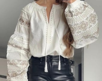 Beige Embroidered Cotton Shirt | Ukrainian Vyshyvanka Blouse for Women | Traditional Embroidery | Boho Folk Top