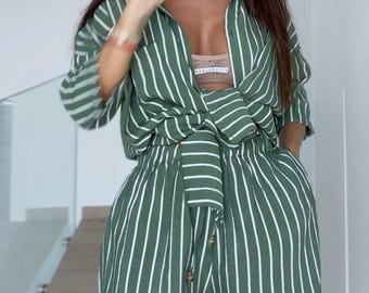 Groen gestreepte zomerset voor dames | Oversized shirt en short, combi-set | Ontspannen vakantieloungeset