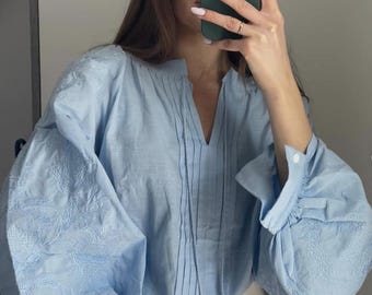 Embroidered Minimalist Blouse for Women | Ukrainian Vyshyvanka Cotton Shirt | Traditional Folk Top | Boho Style