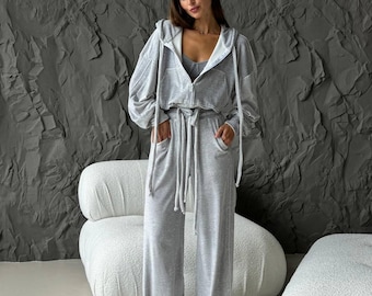 Conjunto deportivo de terciopelo para mujer / Sudadera con capucha y pantalones de pierna ancha / Ropa de estar por casa, conjuntos cómodos a juego / Estilo Y2K