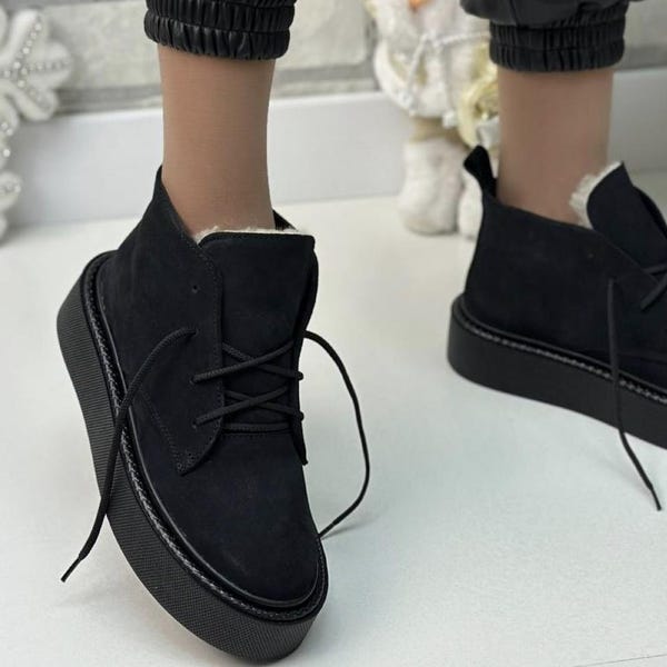 Women’s Winter Ankle Boots | Genuine Leather & Suede Boots | Fur Wool Lined Lace Up Shoes