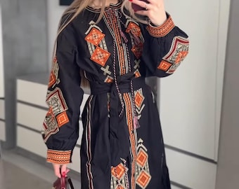 Black Vyshyvanka Dress | Ukrainian Style Embroidered Traditional Boho Gift for Her | Folk Ethnic Embroidery