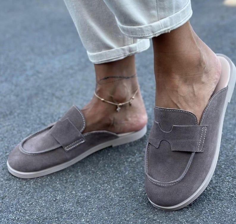 Genuine Suede Mule Shoes for Women Minimalist Slip On Loafers | Soft Sabo | Everyday Flats mocha dark beige