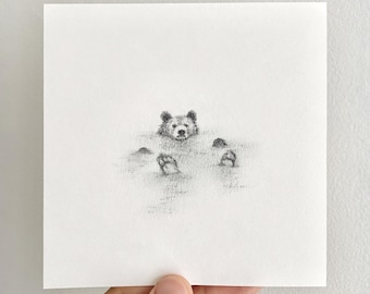 Bear Art Original Pencil Sketch - "Soaked Bear" Minimalist 5x5 Drawing Gift for Animal Lovers