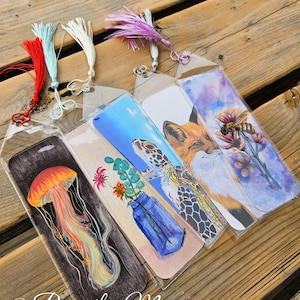 Watercolor Bookmark Set: Bee, Jellyfish, Fox, Turtle, Wildflower on Recycled Cardstock