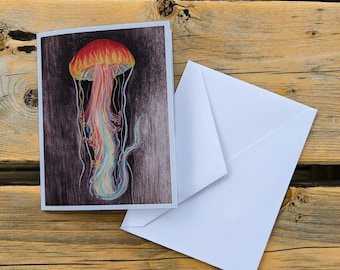 Tarjeta en blanco con diseño de medusa neón, tarjeta de felicitación física original con sobre.