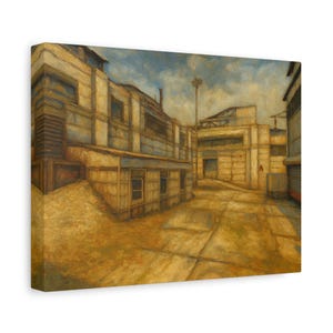 May include: An oil painting on canvas depicts an urban scene with buildings in shades of beige, brown, and blue. The artwork features a street with a cloudy sky in the background. The buildings have a weathered appearance, suggesting age or abandonment.