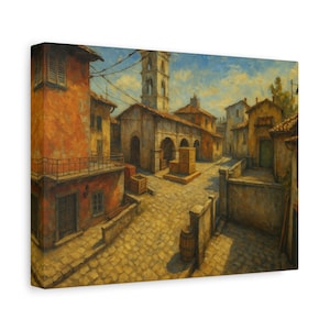 Lienzo estilo pintura al óleo Inferno / Escena de pueblo europeo inspirada en un mapa FPS clásico / Arte mural de juegos para fanáticos de Counter Strike