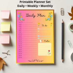 A4 Planner do druku PDF – Dzienny, Tygodniowy, Miesięczny pakiet dla kobiet | 3-stronicowy pastelowy kwiatowy do pobrania
