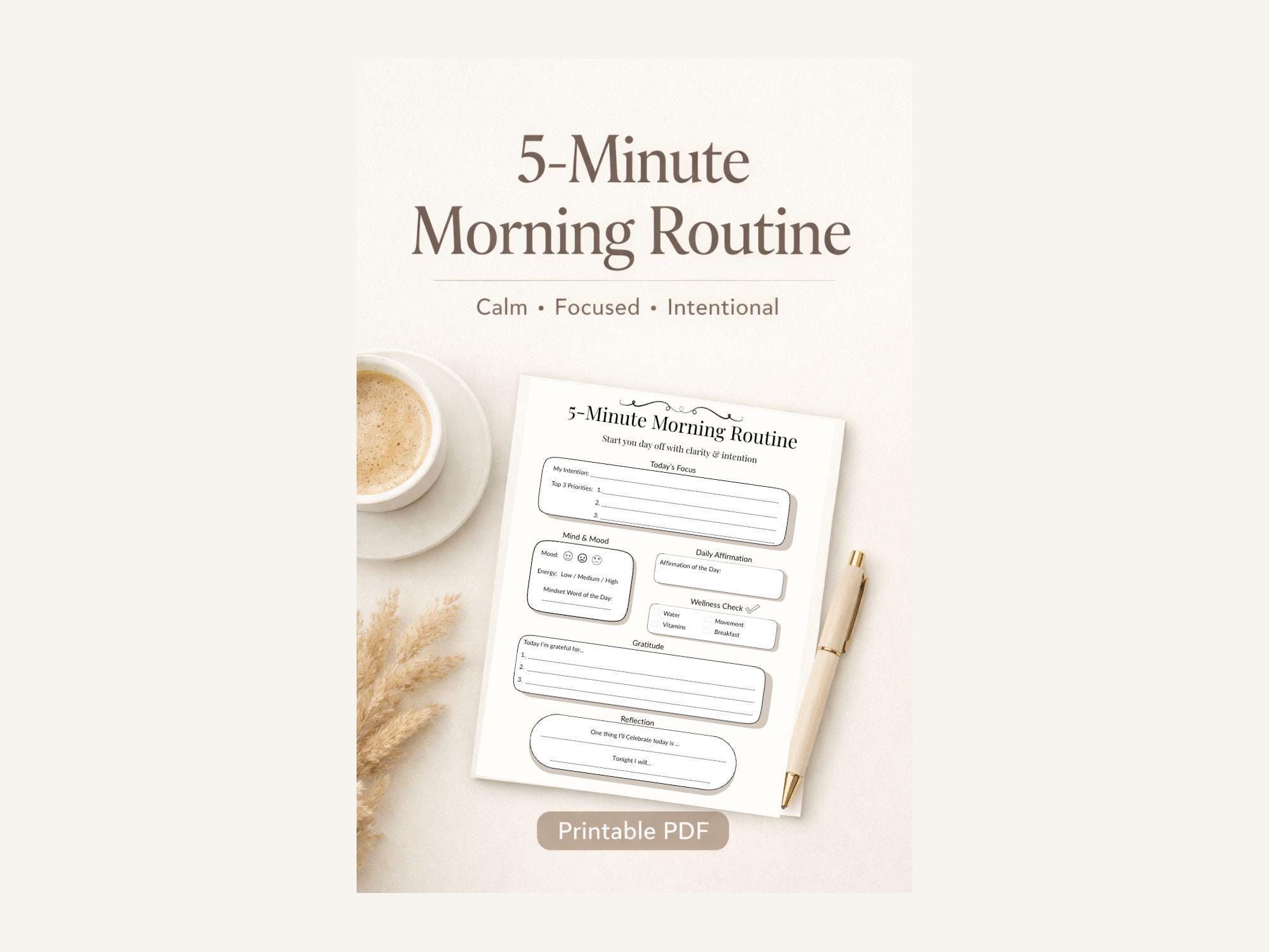 Mourning Routine Intentions Worksheet 5 Minute Morning Routine Printable | Daily Intention Planner | Morning ...
