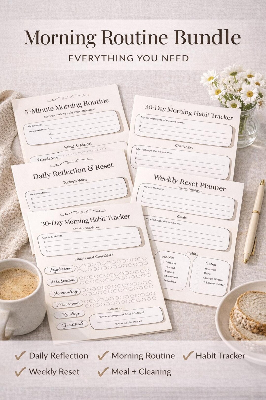 Morning Routine Planner Bundle | Daily Reflection, Habit Tracker (PDF ...