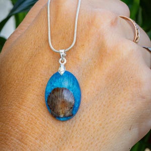 May include: A silver necklace with a pendant featuring a seashell encased in blue resin. The oval pendant has a silver bail and hangs from a delicate silver chain. The seashell is brown and tan.