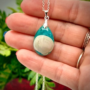 May include: A teardrop-shaped pendant necklace featuring a white seashell set in teal resin. The pendant hangs from a delicate silver chain. The seashell is a focal point, creating a coastal or beach-themed accessory.