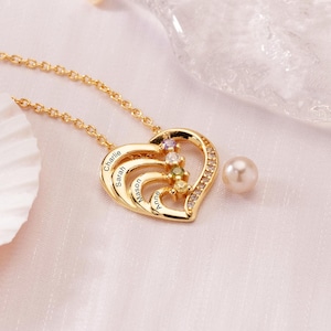 Custom Family Name Necklace with Birthstone, Heart Name Necklace, Birthstone Jewelry, Birthday Gift, Family Gift, Gift for Mom, Gift for Her