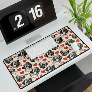 Cartoon Pugs Heart Desk Mat - Cute and Playful Dog Lover Mouse Pad for Cozy Office and Gaming Setups