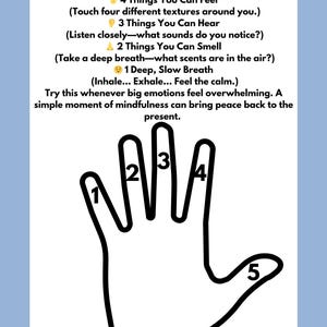 May include: A mindfulness guide with a hand outline numbered 1-5, with text instructions for grounding techniques. The text includes prompts for senses: seeing, feeling, hearing, smelling, and breathing. The background is light blue.