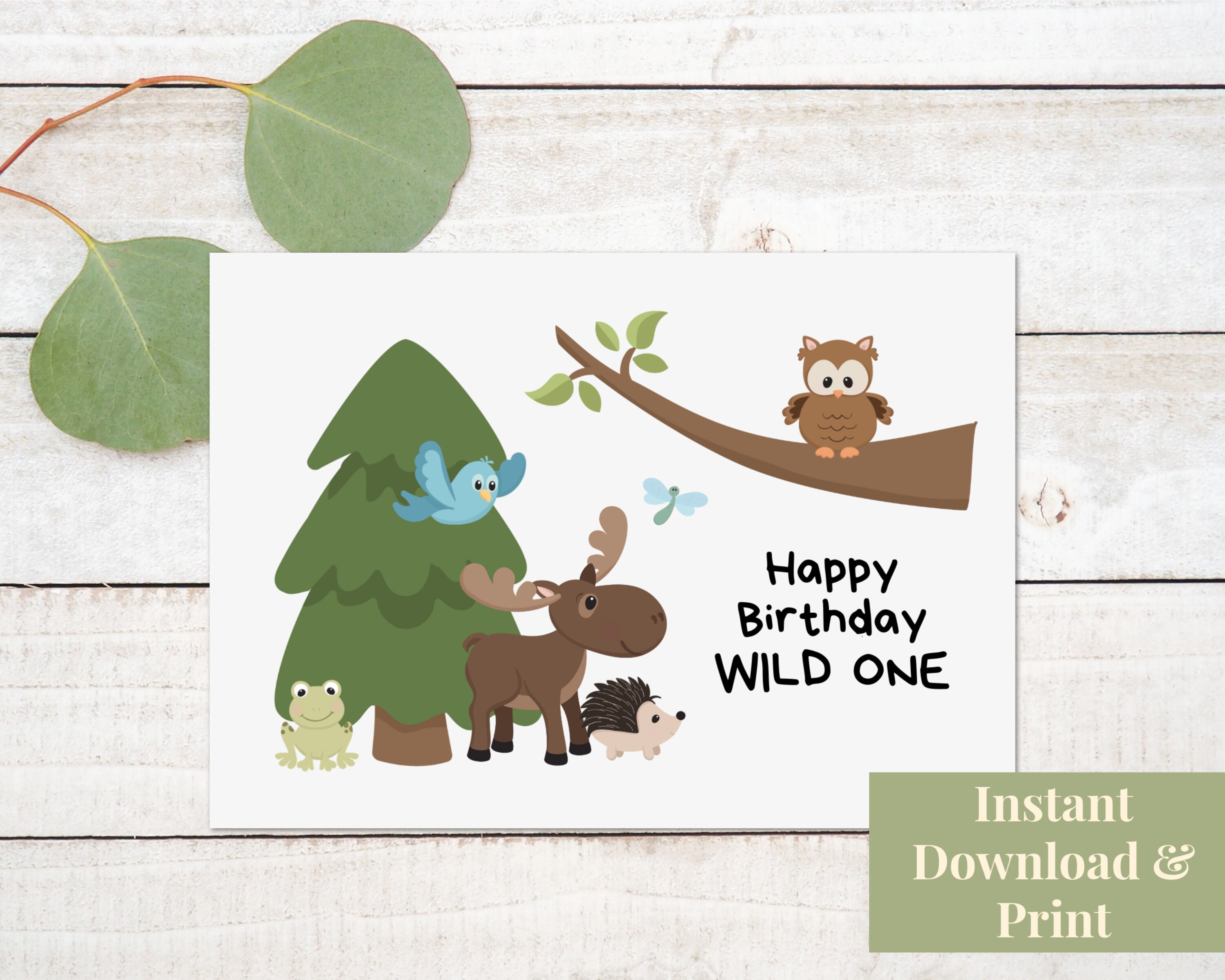 Printable First Birthday Card for Boys, Woodland Birthday Card, Moose ...