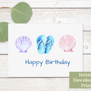 Cartão de aniversário de praia para impressão com chinelos, download de cartão de feliz aniversário
