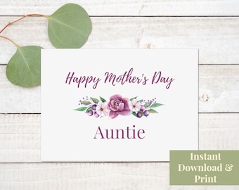 Printable Mother's Day Card for Auntie, Aunt Greeting Card for Mother's Day, Digital Download