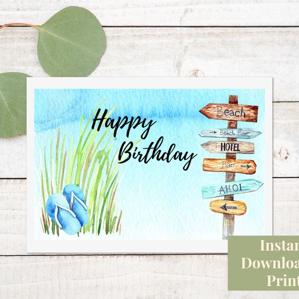 Carte d'anniversaire de plage imprimable avec des tongs, téléchargement de carte de joyeux anniversaire