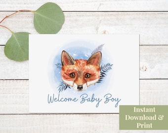 Congratulations Baby Boy Card, Printable Welcome Baby Card, Printable Baby Boy Card, New Baby Card Printable, Woodland Fox Baby Card