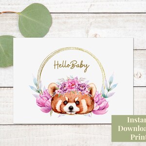 Carte de bienvenue de bébé imprimable, carte de bébé fille imprimable, nouvelle carte de bébé imprimable, carte de douche de bébé raton laveur, carte de bébé Woodland