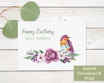 Tarjeta de cumpleaños imprimible para bisabuela - Tarjeta de felicitación para bisabuela