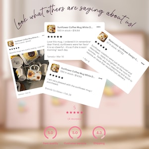 May include: Image showcasing customer reviews for sunflower-themed products. The reviews are displayed on white cards with star ratings and customer comments. The overall rating is 5 stars based on 4 reviews. The image includes the text "Look what others are saying about us!"