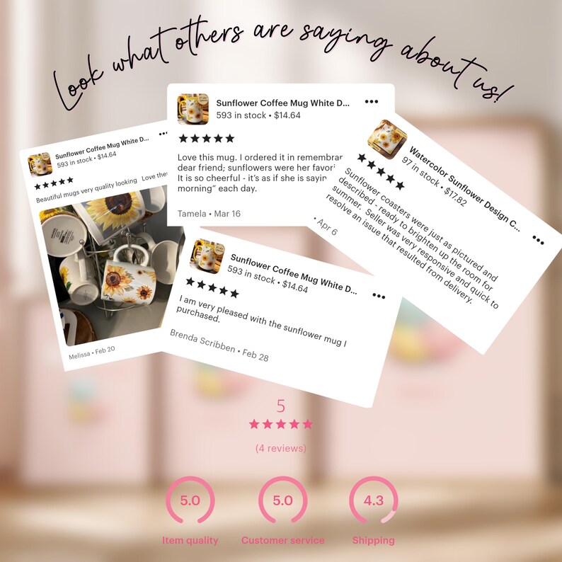 May include: Image showcasing customer reviews for sunflower-themed products. The reviews are displayed on white cards with star ratings and customer comments. The overall rating is 5 stars based on 4 reviews. The image includes the text "Look what others are saying about us!"