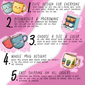 May include: A pink infographic with cartoon mugs. Text includes "Cute Design for Everyone," "Dishwasher & Microwave," "Choose a Size & Color," and "Whole Mug Designs." The image promotes ceramic mugs with various features.
