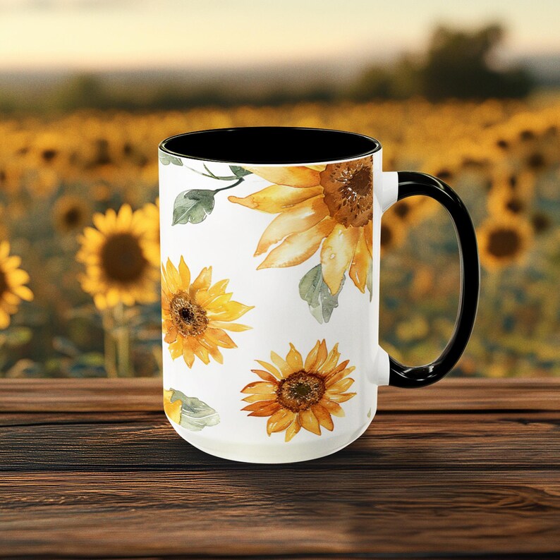 Kitchen Decor Coffee Mug Sunflower Pattern Watercolor Design Farmhouse Collection White Ceramic Cup Black Handle Option Garden Theme Essential Beautiful Floral Art Country Style Home Premium Quality Construction Daily Use Gift