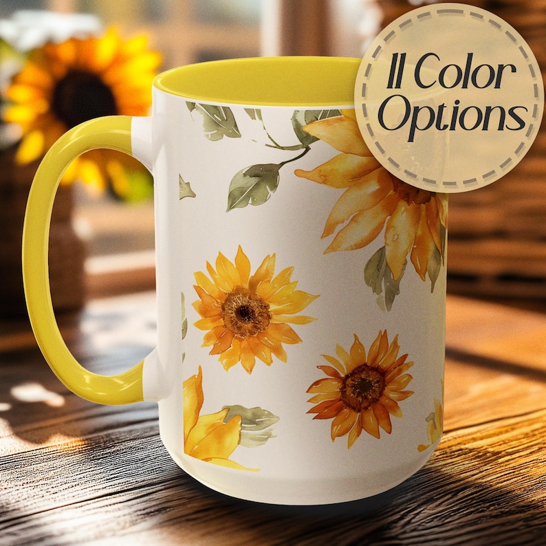 Sunflower Coffee Mug Watercolor Design Farmhouse Kitchen Collection White Ceramic Cup Yellow Handle Option Garden Theme Decor Country Style Home Essential Daily Use Microwave Safe Dishwasher Safe Beautiful Floral Art Premium Quality