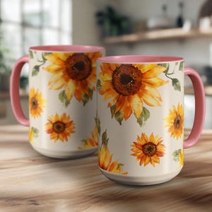 Farmhouse Style Ceramic Mug Sunflower Watercolor Art Design Kitchen Decor Collection White Coffee Cup Blue Handle Option Garden Theme Essential Beautiful Floral Pattern Country Home Accent Premium Quality Construction Daily Use Gift