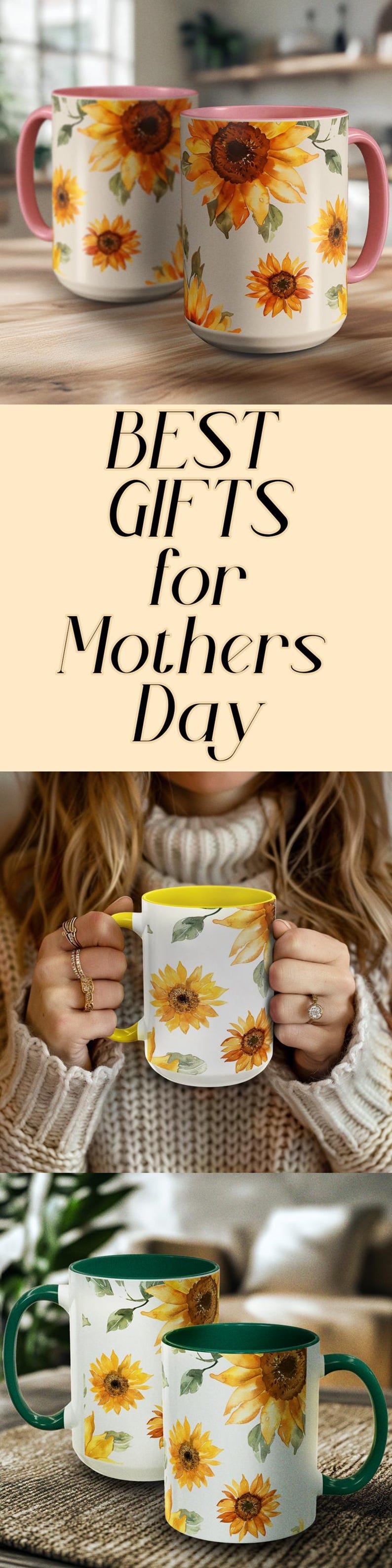 May include: White ceramic mugs with a sunflower design. The mugs have colored handles and interiors. The image also includes the text "BEST GIFTS for Mothers Day".