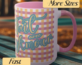 French Country Decor Farmhouse Kitchen Coffee Station Ceramic Mug Colored Interior Cottage Style Gingham Pattern Breakfast Cup Unique Design