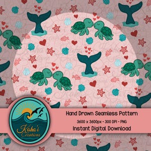 May include: A digital seamless pattern featuring sea turtles, whale tails, hearts, starfish, and seashells in shades of green, blue, and red on a pink background. The pattern includes the text "Hand Drawn Seamless Pattern" and "Instant Digital Download".