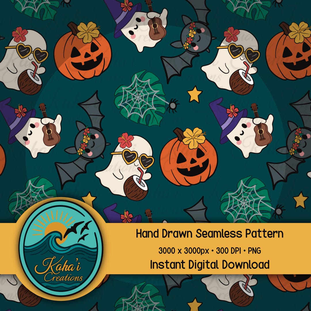 Tropical Halloween Seamless Pattern - Cute Cartoon Ghosts Bats Pumpkins ...
